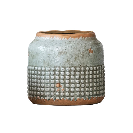 Round Terra-cotta Hobnail Planter Vase with Heavily Distressed Finish