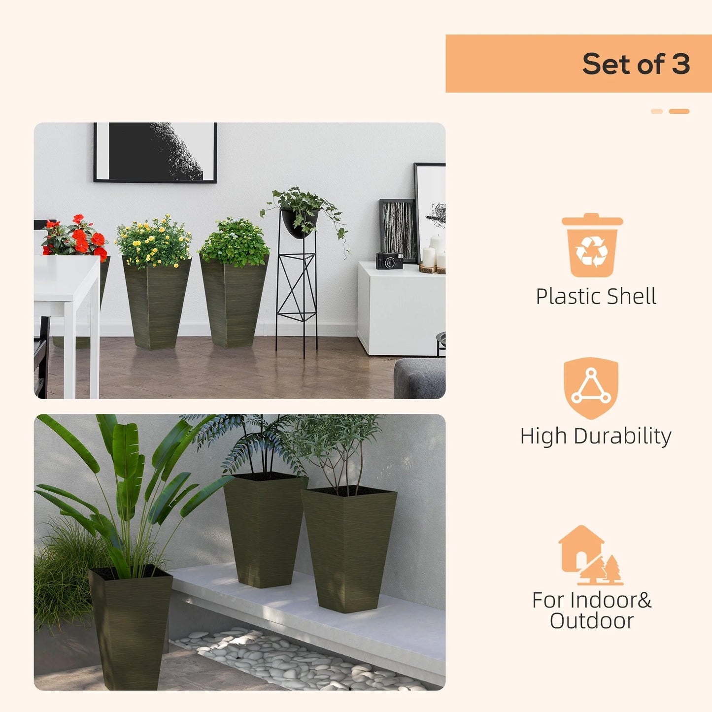 Outsunny 28" Tall Outdoor Planters, Set of 3 Large Taper Planters with Drainage Holes and Plug