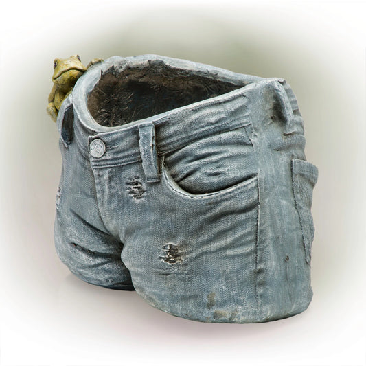 Alpine Corporation 10" Tall Indoor/Outdoor Denim Shorts with Frog Shaped Planter and Yard Decoration - 14"L x 11"W x 10"H