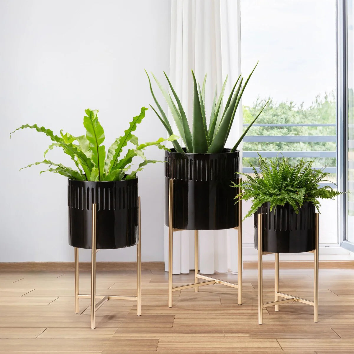 Glitzhome Set of 3 Modern Metal Cachepot Planters with Stands Plant Flower Pot Indoor Outdoor