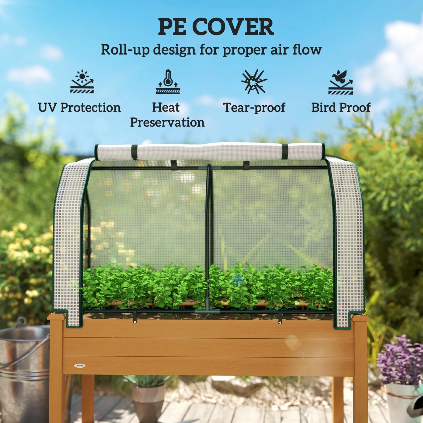Outsunny Raised Garden Bed with PE Greenhouse Cover Outdoor Elevated Wood Planter Box for Herbs and Vegetables