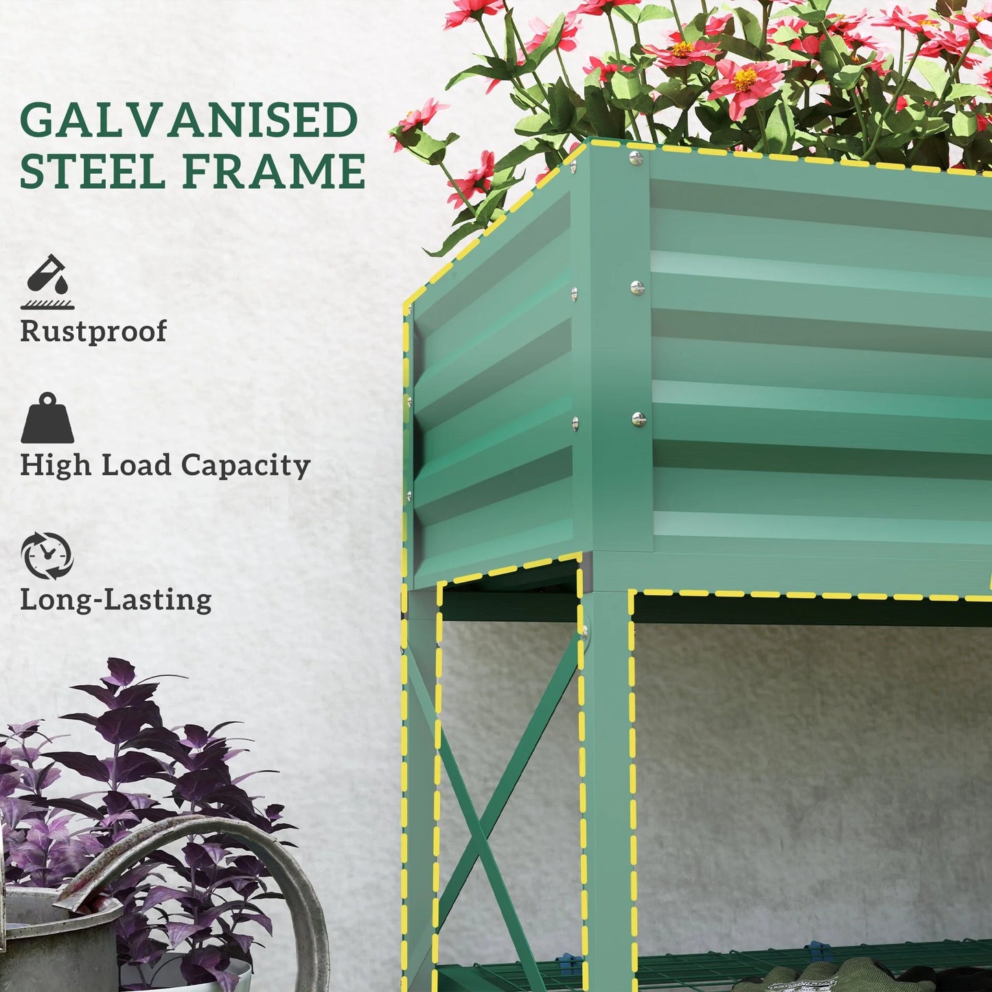 Outsunny Raised Garden Bed with Galvanized Steel Frame, Storage Shelf and Bed Liner, Elevated Planter Box