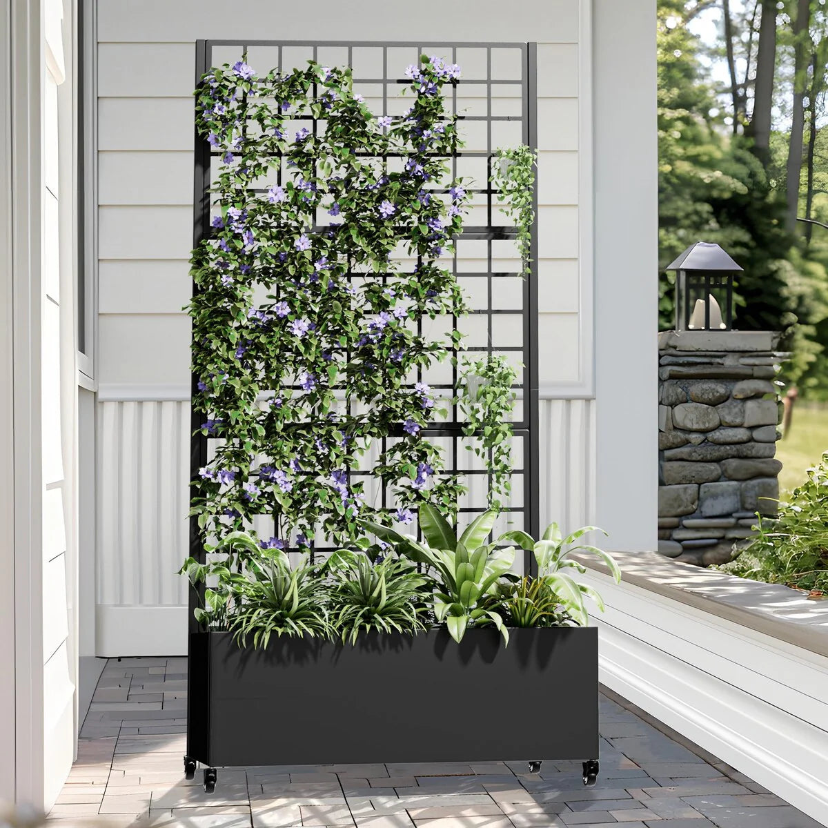 Movable Raised Garden Bed with Trellis and Lockable Wheels - 71*35