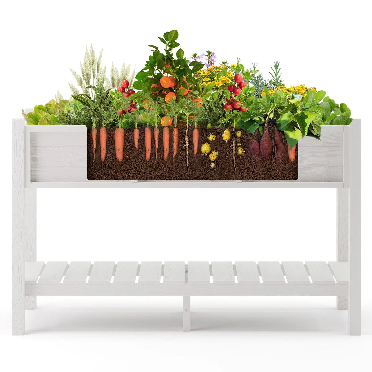 LUE BONA Patio Plastic Raised Elevated Garden Bed HDPS Planter Box Stand with Storage Shelf and Legs