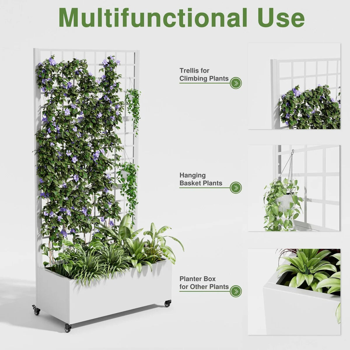 Movable Raised Garden Bed with Trellis and Lockable Wheels - 71*35