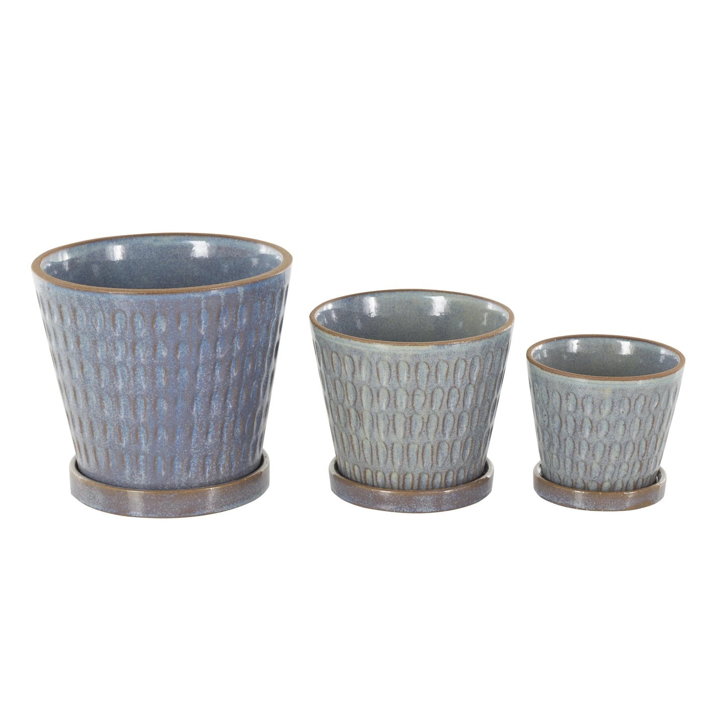 Ceramic Geometric Oval Patterned Indoor Outdoor Planter with Brown Accents and Base Tray - Set of 3 Blue - Roche River Decor