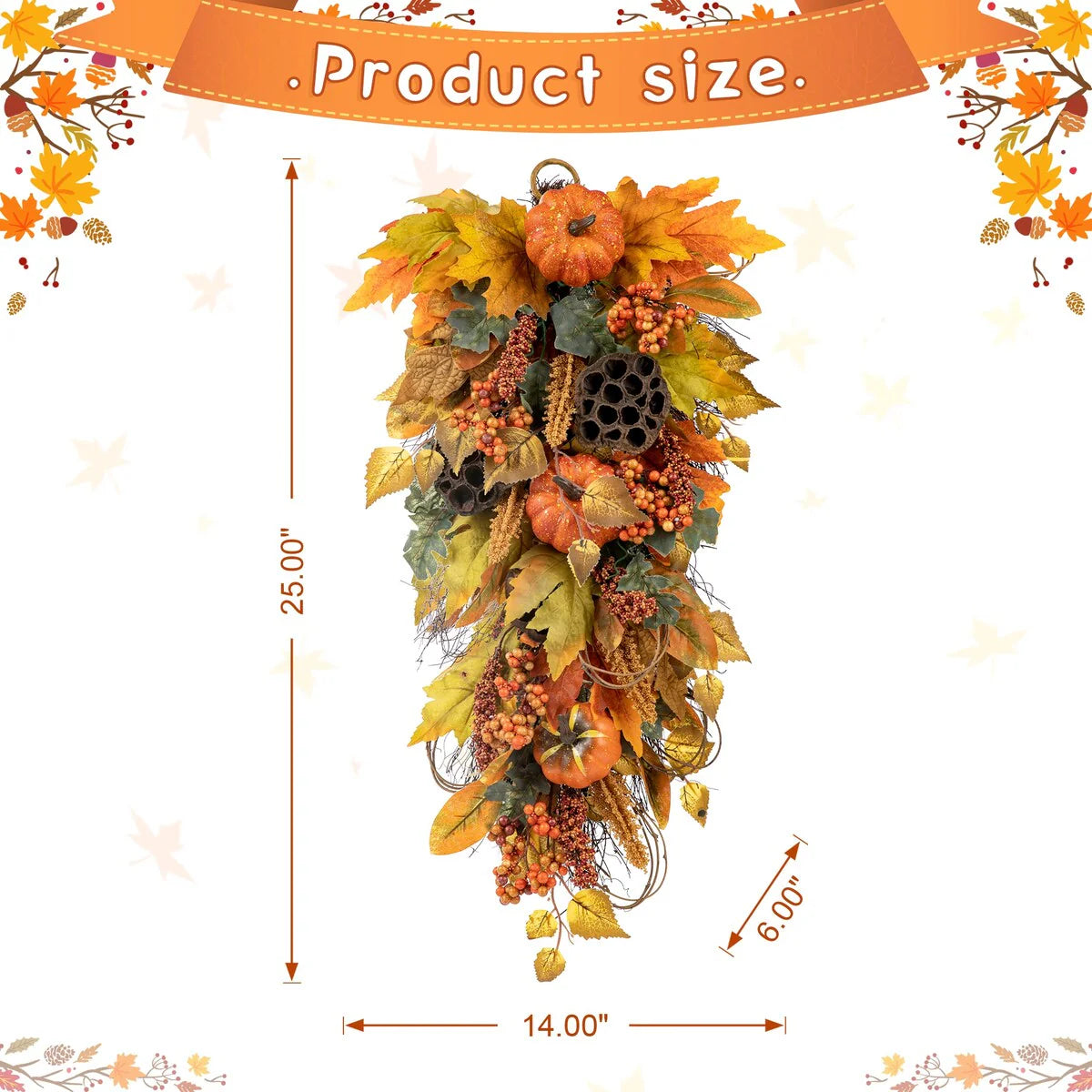 Glitzhome 25"H Fall Pumpkin Lotus Leaf Swag Wreath Thanksgiving Door Decor