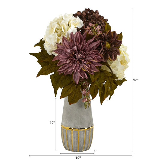 17" Peony, Hydrangea and Dahlia Arrangement in Stoneware Vase