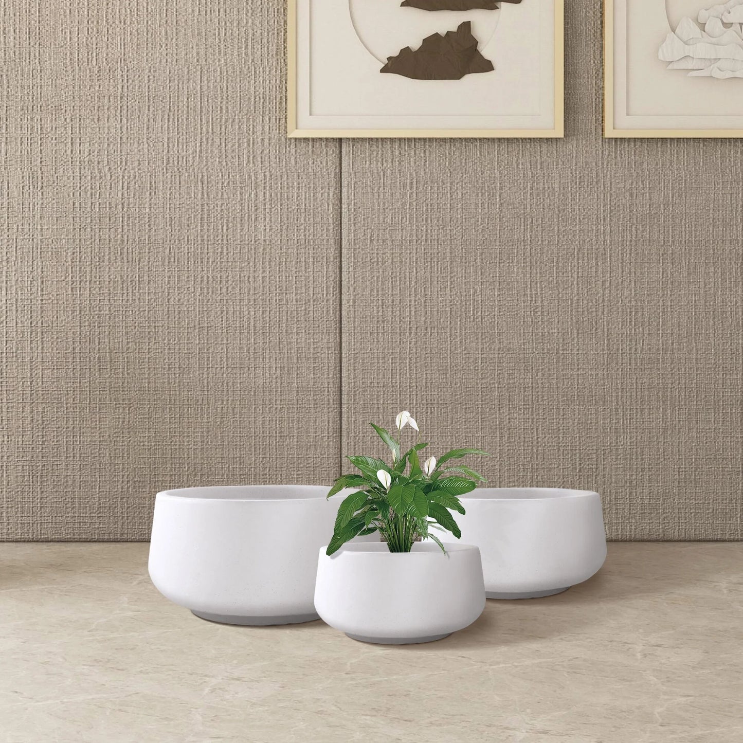 Kante 21.6", 16.9", 12.5"W Round White Concrete Planters (Set of 3), Outdoor/Indoor