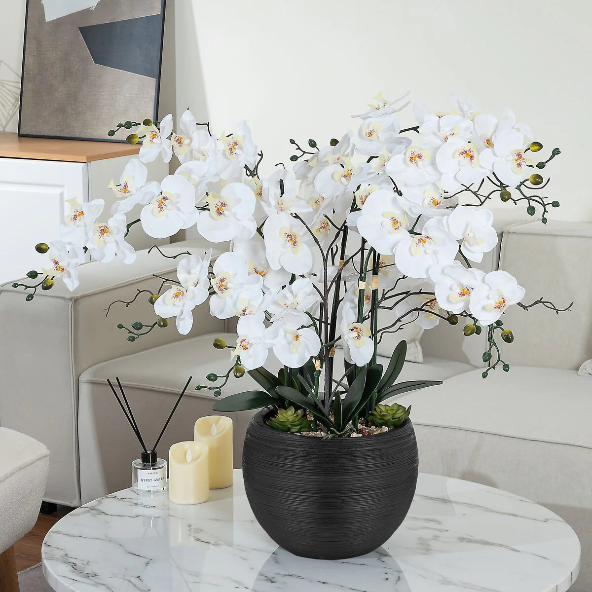 9 Stems Nearly Natural White Phalaenopsis Orchids with Succulents in White Magnesium Oxide Pot - 36.22" H x 35.43" W x 35.43" D