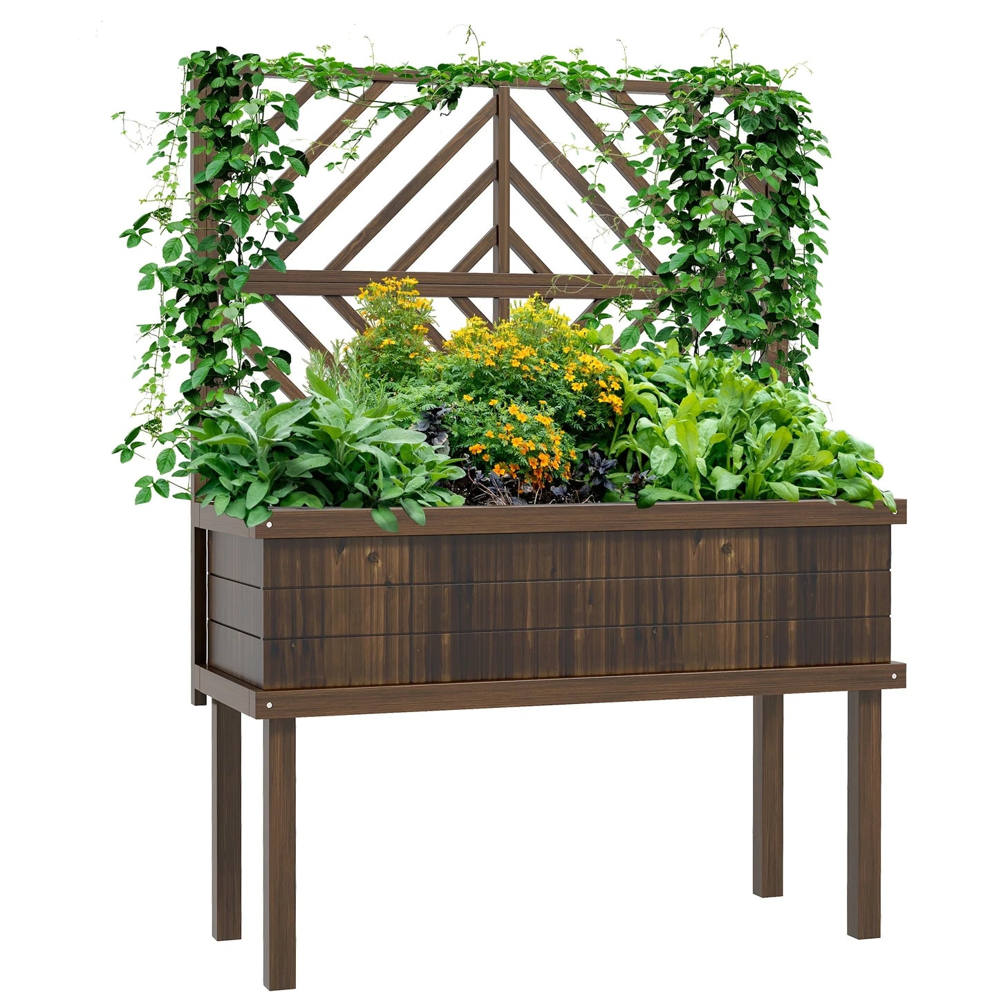 Outsunny Raised Garden Bed with Trellis for Climbing Plants, Vegetable, Grape Vines, Flowers, Wood Planter with Legs