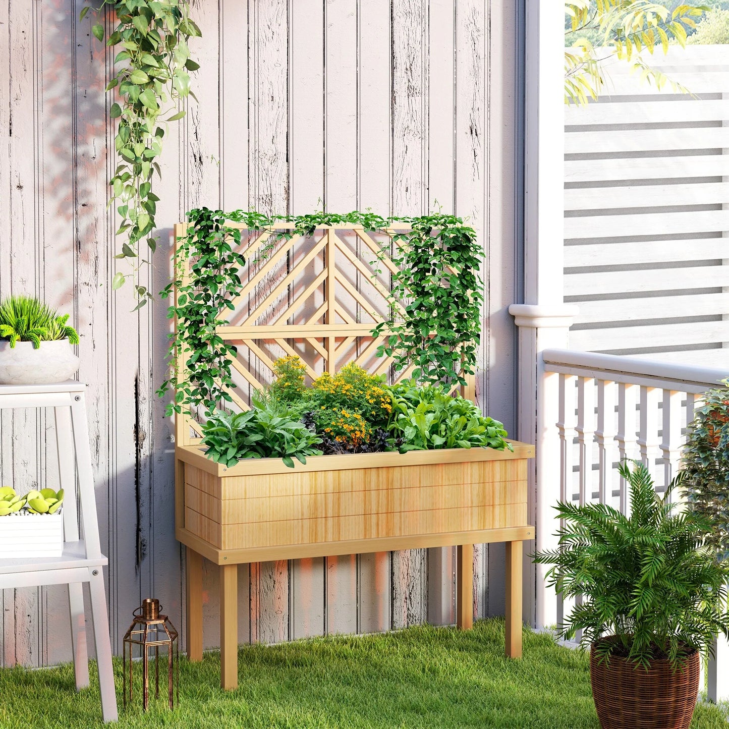 Outsunny Raised Garden Bed with Trellis for Climbing Plants, Vegetable, Grape Vines, Flowers, Wood Planter with Legs