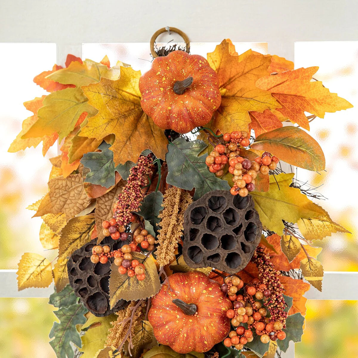 Glitzhome 25"H Fall Pumpkin Lotus Leaf Swag Wreath Thanksgiving Door Decor