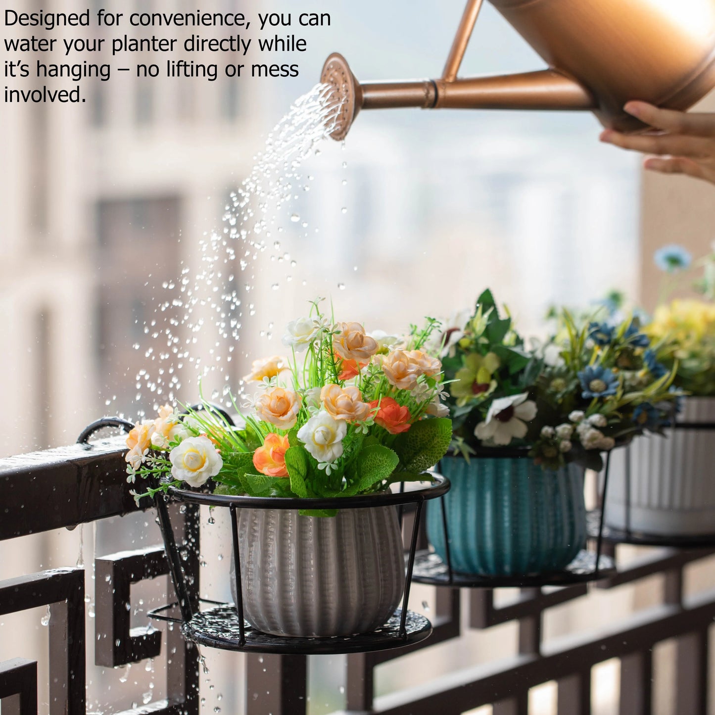 Gardenised Set of 4 Decorative Round Iron Hanging Bucket Style Plant Pot Holders and Flower Baskets with Hooks for Railing Fence