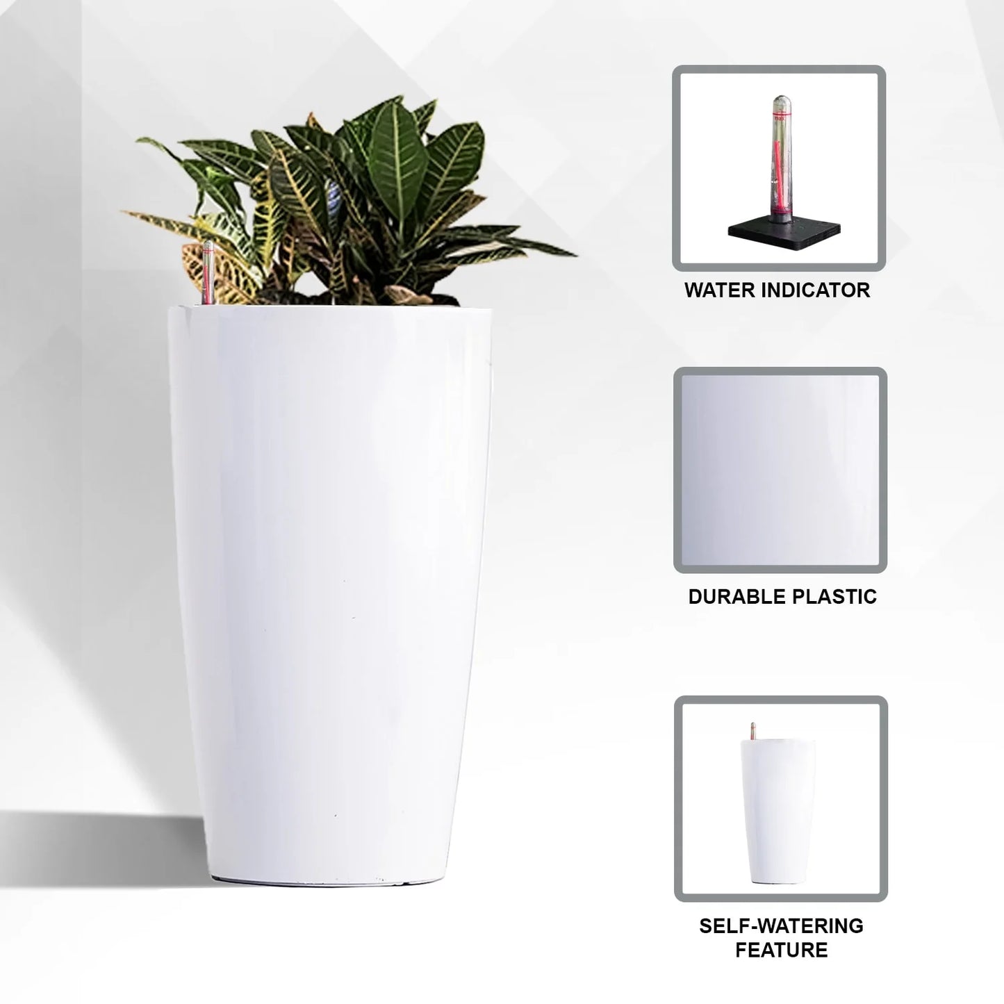 XBrand 21" H Plastic Self Watering Indoor Outdoor Tall Round Planter Pot w/Glossy Finish, Decorative Gardening Pot