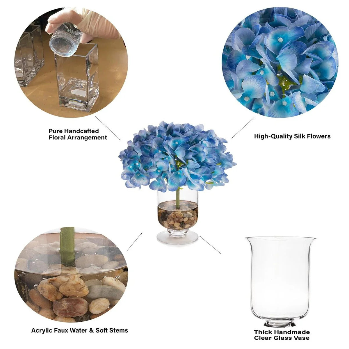Real Touch Hydrangea Flower in Clear Glass Vase with Acrylic Water for Home Office Wedding Decoration