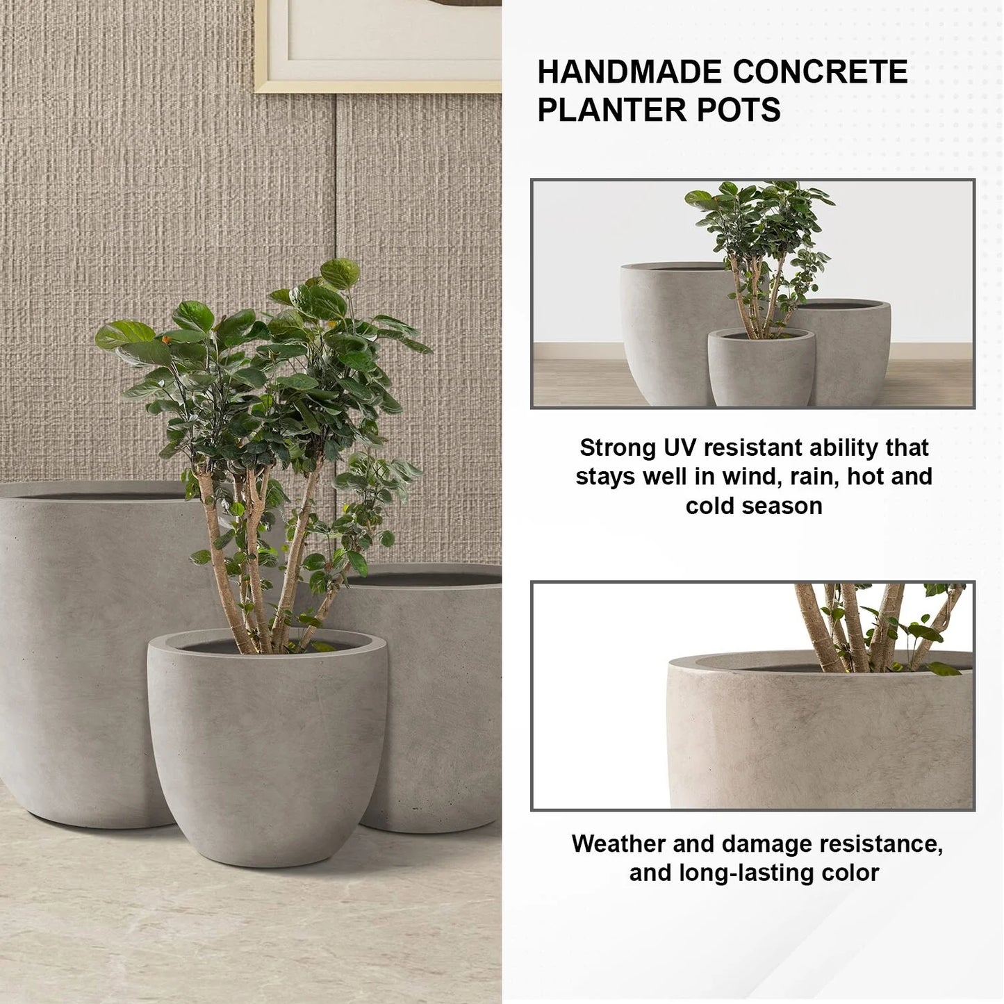 Kante 20", 16.5", 13.3"W Weathered Finish Round Concrete Planters (Set of 3), Outdoor/Indoor Decorative Pots w/ Drainage Hole