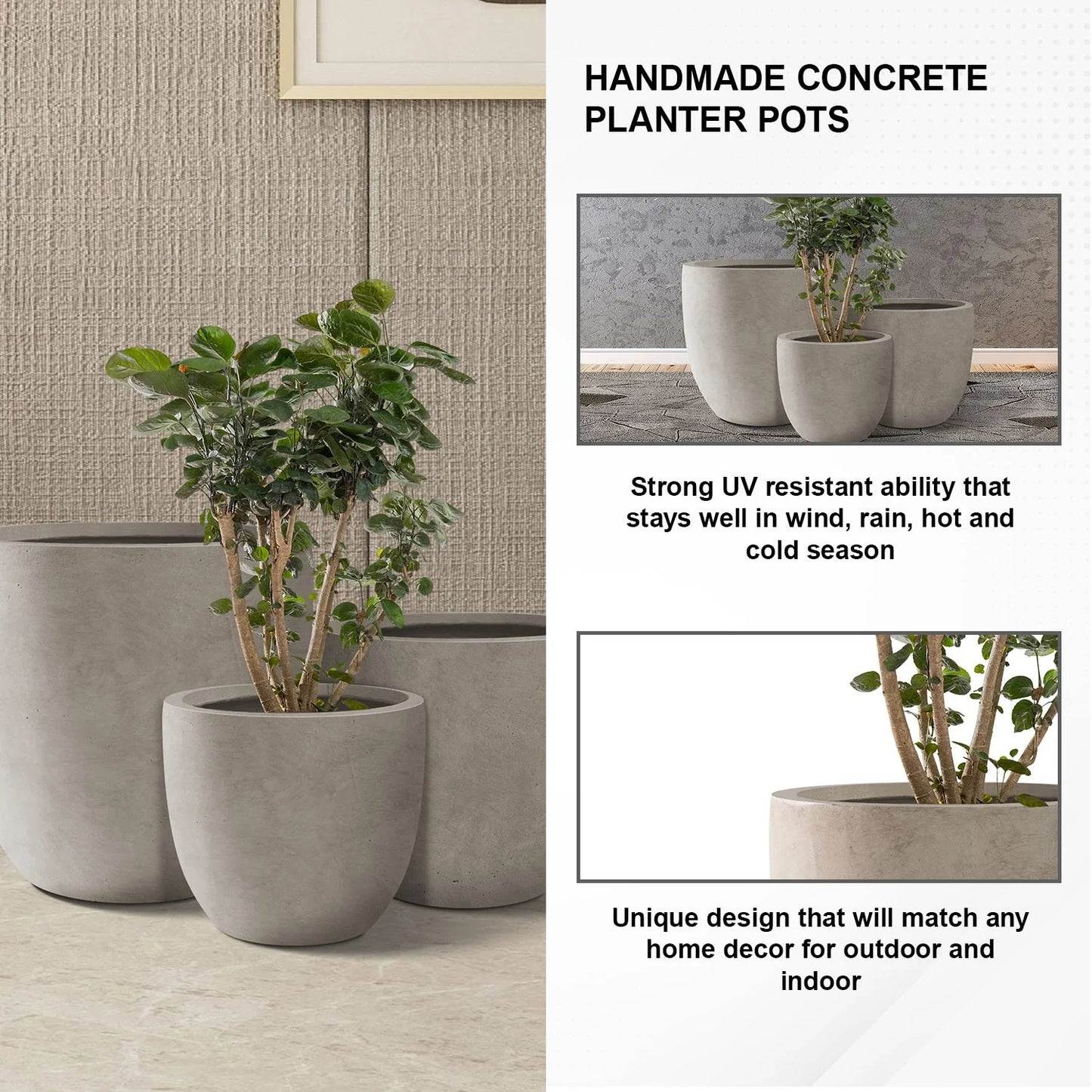 Kante 18", 14", 10"W Weathered Concrete Round Planters (Set of 3), Outdoor/Indoor, Modern, Lightweight