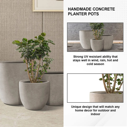 Kante 18", 14", 10"W Weathered Concrete Round Planters (Set of 3), Outdoor/Indoor, Modern, Lightweight