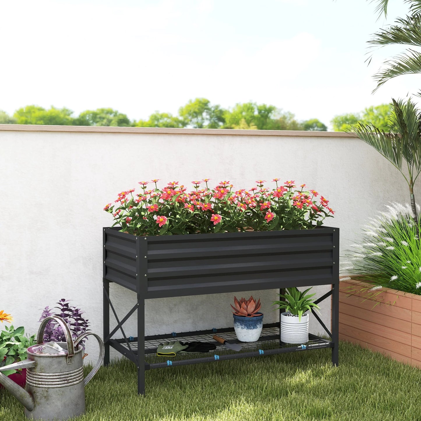 Outsunny Raised Garden Bed with Galvanized Steel Frame, Storage Shelf and Bed Liner, Elevated Planter Box