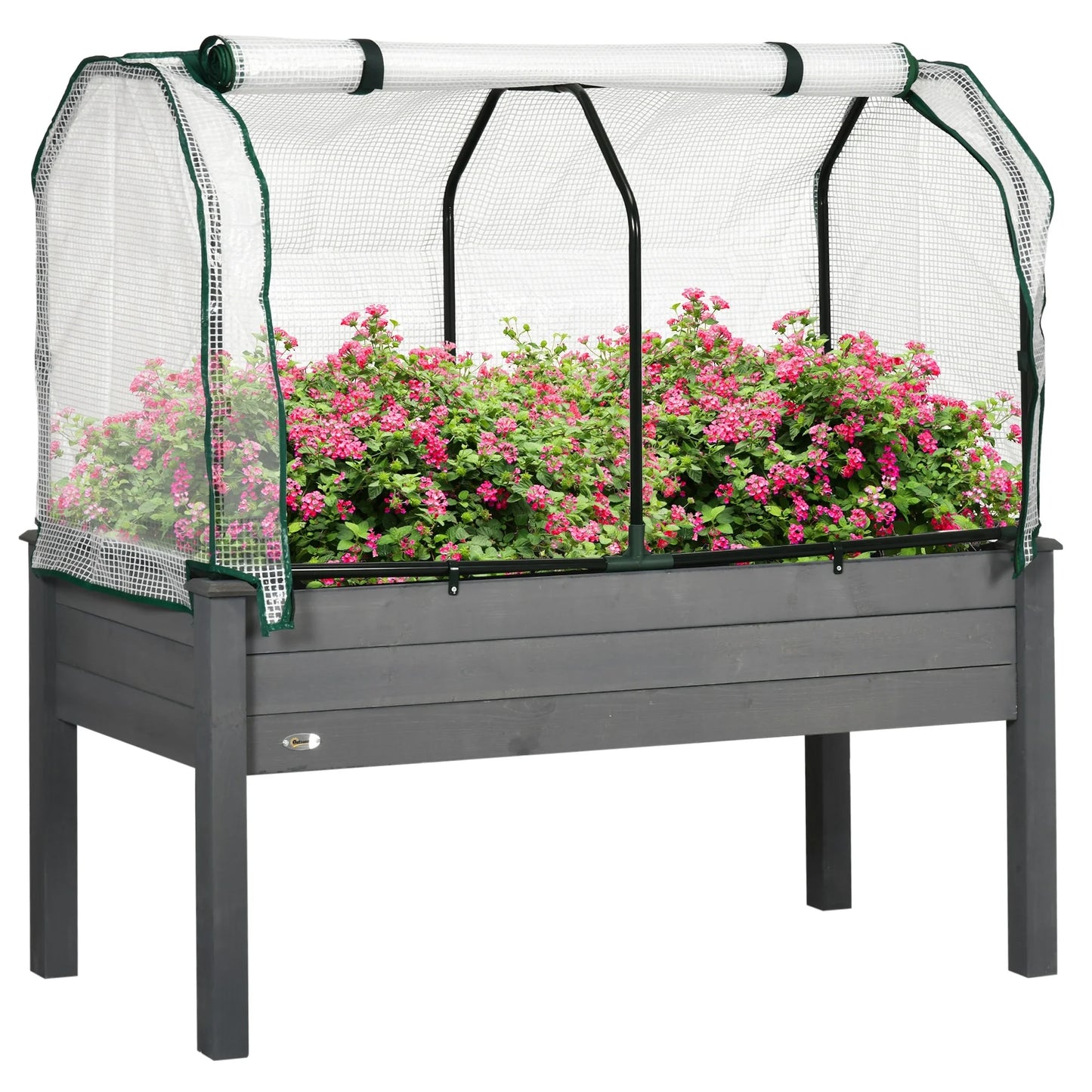 Outsunny Raised Garden Bed with PE Greenhouse Cover Outdoor Elevated Wood Planter Box for Herbs and Vegetables