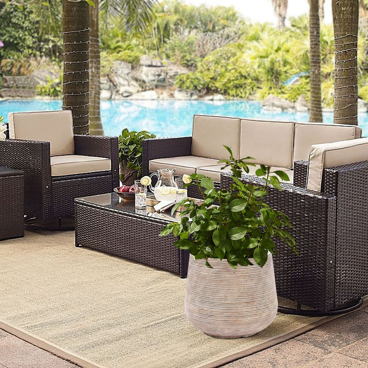 17.32" Diameter Handmade Distressed Fiber Stone Round Pot Planters - 15" H x 17.32" Diameter