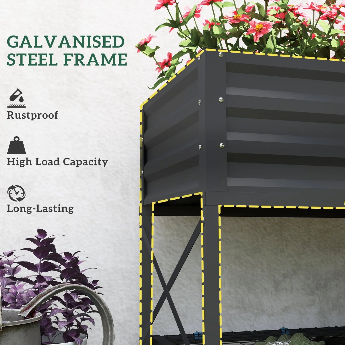 Outsunny Raised Garden Bed with Galvanized Steel Frame, Storage Shelf and Bed Liner, Elevated Planter Box
