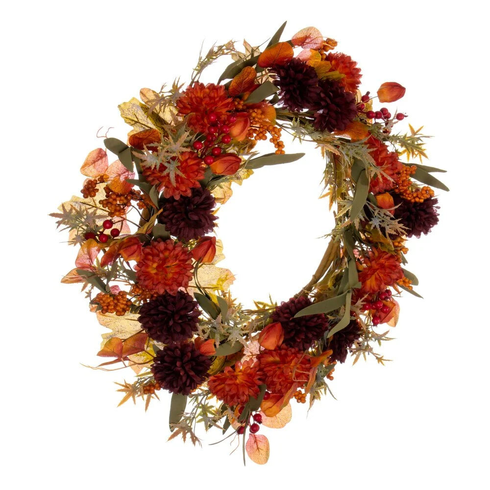 Vickerman 20" Orange and Burgundy Artificial Mixed Mum, Chinese Lantern, and Berry Wreath.