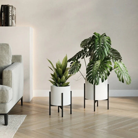 Raya White Indoor Metal Pot Planter With Loki Black Metal Base Set - 12"H x 9.5"W x 9.5"D