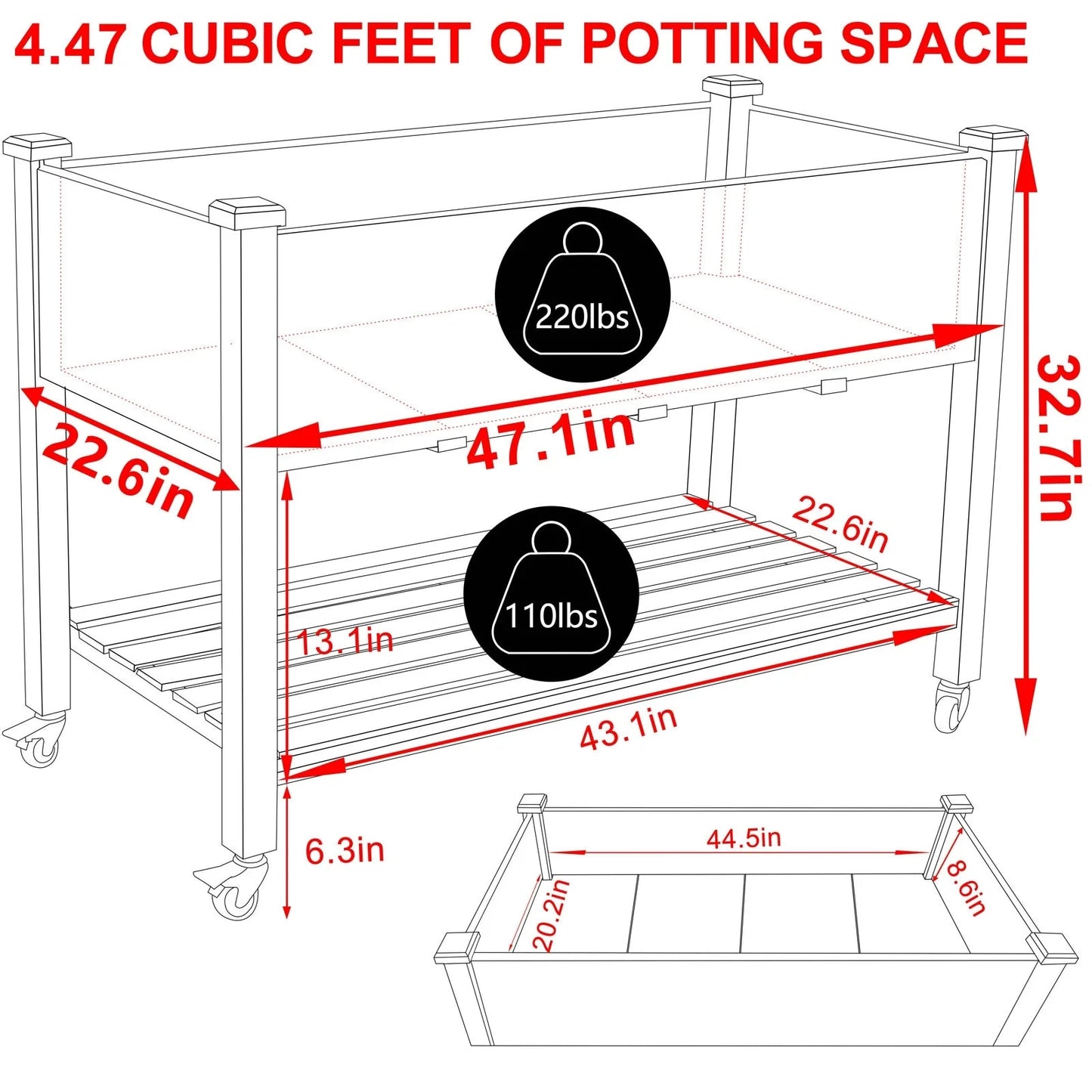 VEIKOUS Wood Raised Garden Bed Planter Box with Four Wheels and Legs, 46.8''W x 22.4''D x 33''H - 46.8''W x 22.4''D x 33''H