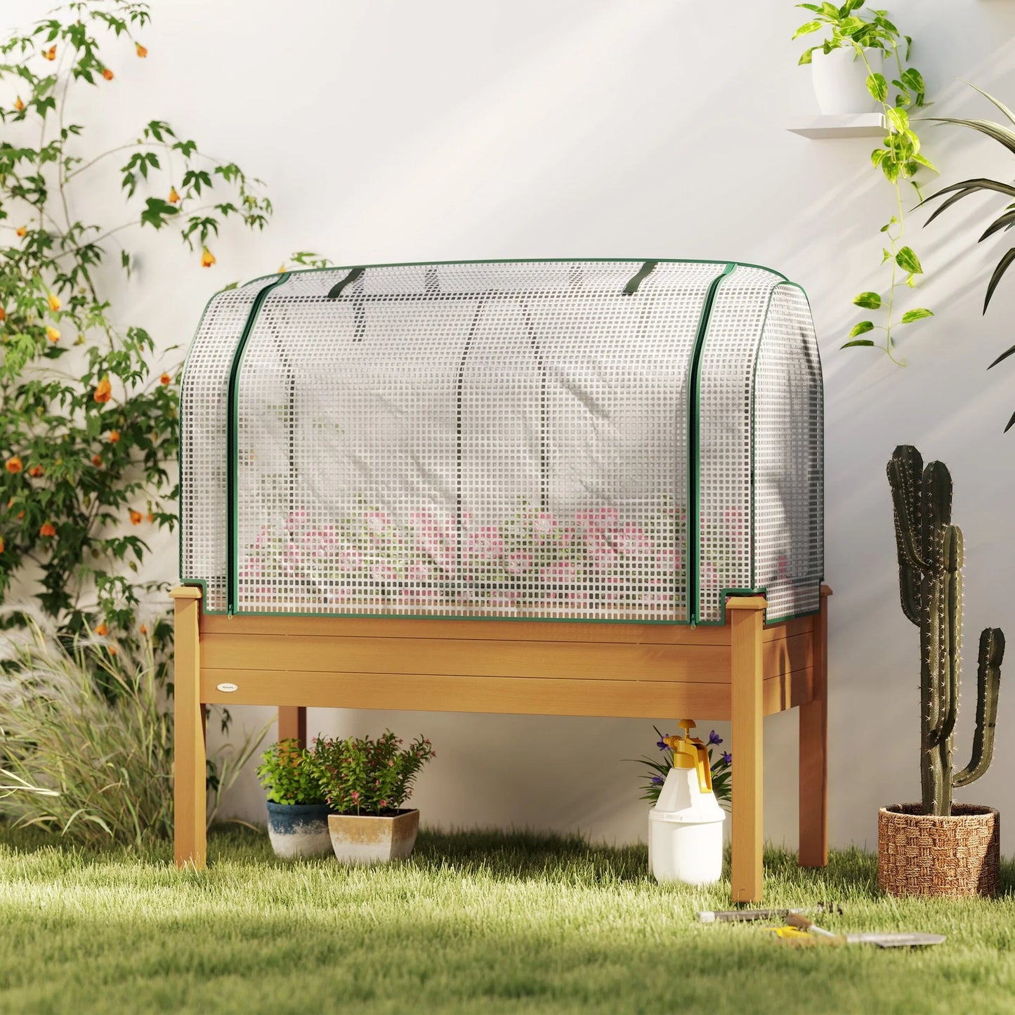 Outsunny Raised Garden Bed with PE Greenhouse Cover Outdoor Elevated Wood Planter Box for Herbs and Vegetables