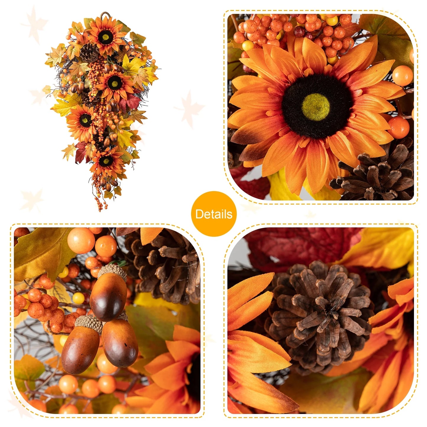 Glitzhome 26"H Fall Sunflower Pumpkin Lotus Leaf Teardrop Swag for Thanksgiving