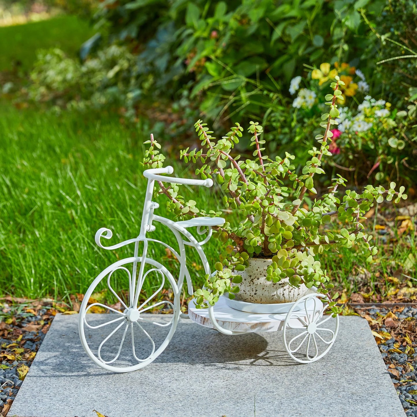 Glitzhome 24"L Spring Metal Tricycle Planter Stands Flower Pot Cart with Wood Trays