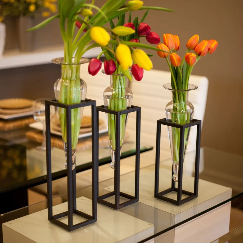 Set of 3 Clear Amphorae Vases on Square Tubing Metal Stands