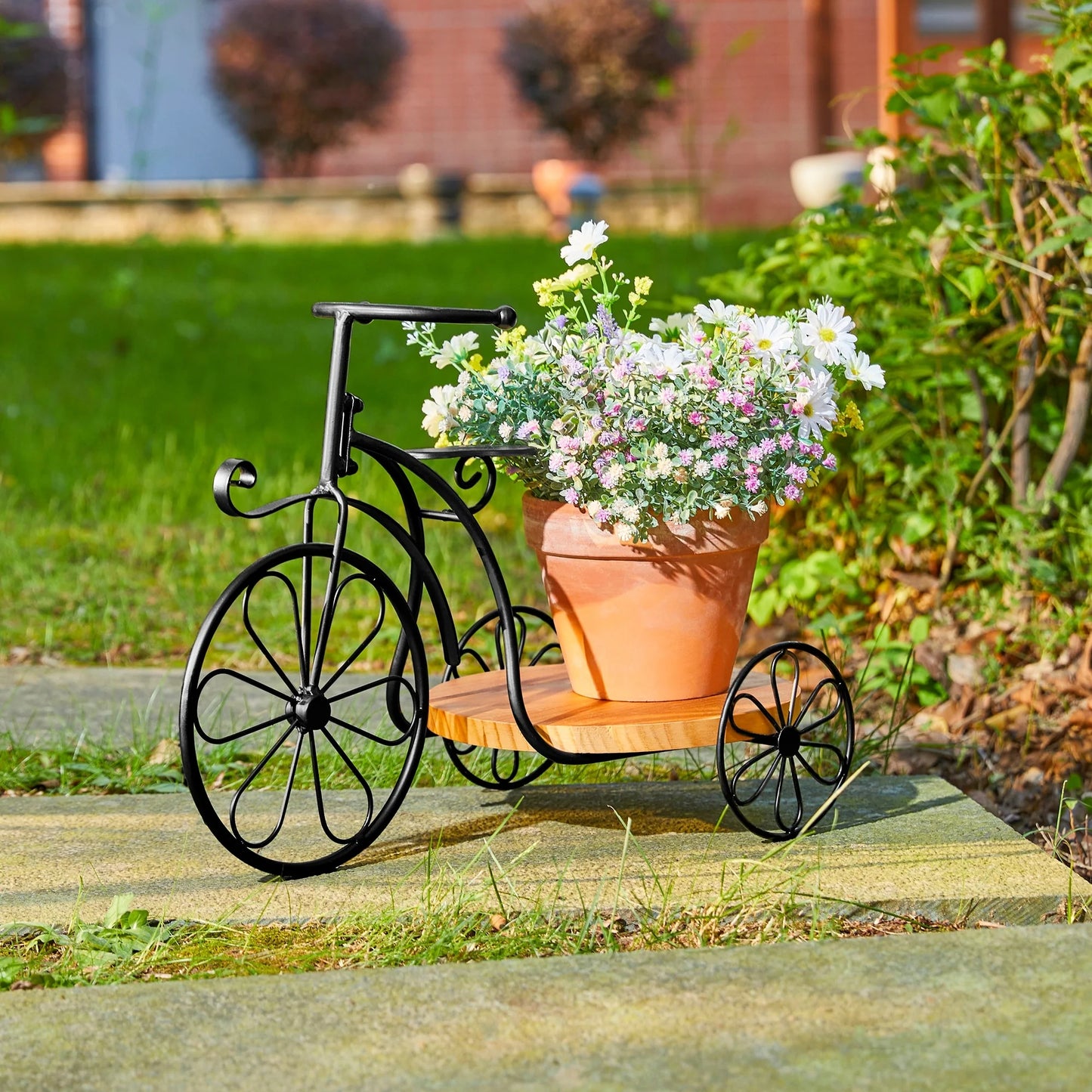 Glitzhome 24"L Spring Metal Tricycle Planter Stands Flower Pot Cart with Wood Trays