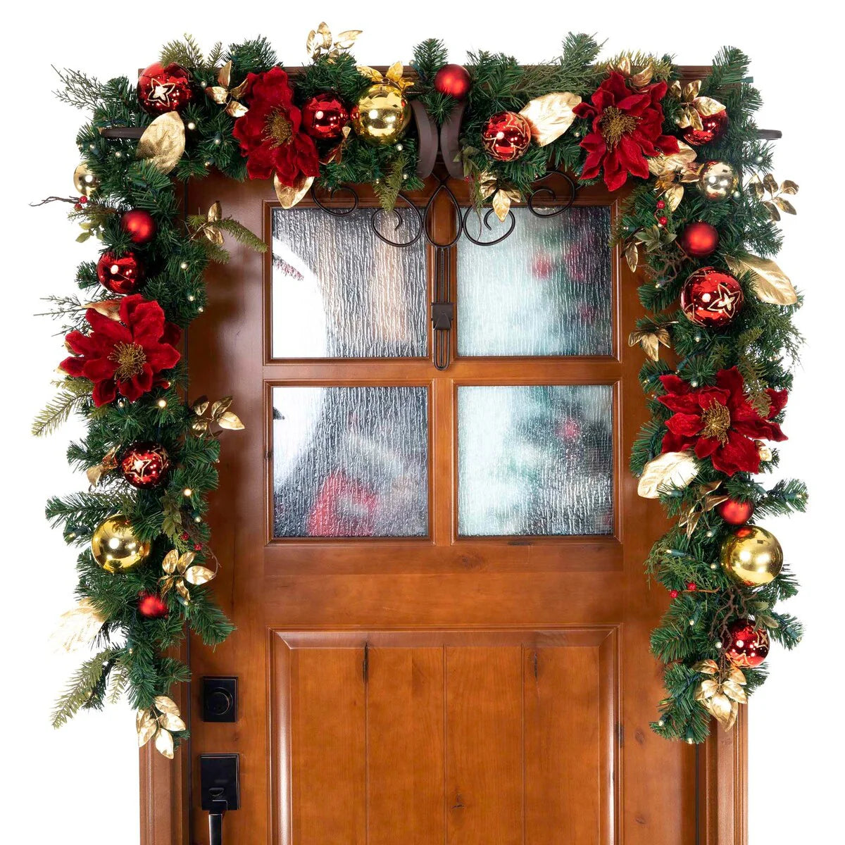 9 ft. Artificial Christmas Garland with Lights - Golden Leaf Red Magnolia - 9 Foot
