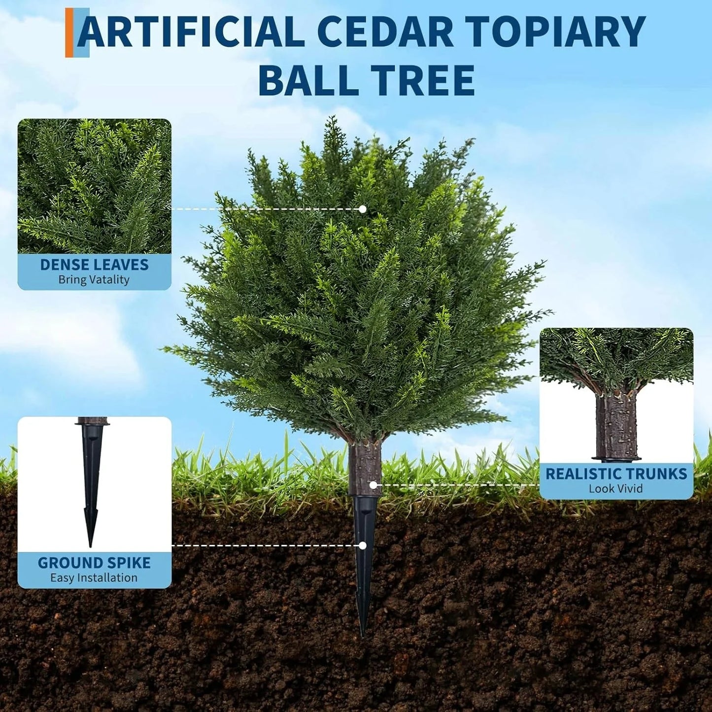 24.4" Artificial Topiary Ball Trees, 2 Pack UV Resistant Fake Bushes with Ground Spike