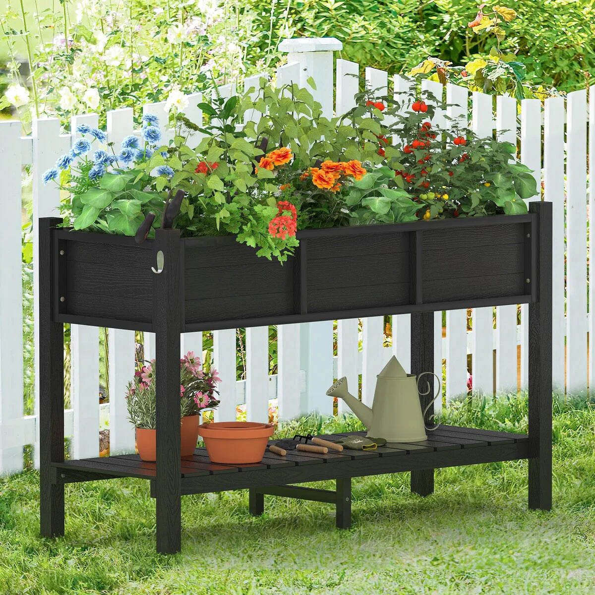 LUE BONA Patio Plastic Raised Elevated Garden Bed HDPS Planter Box Stand with Storage Shelf and Legs