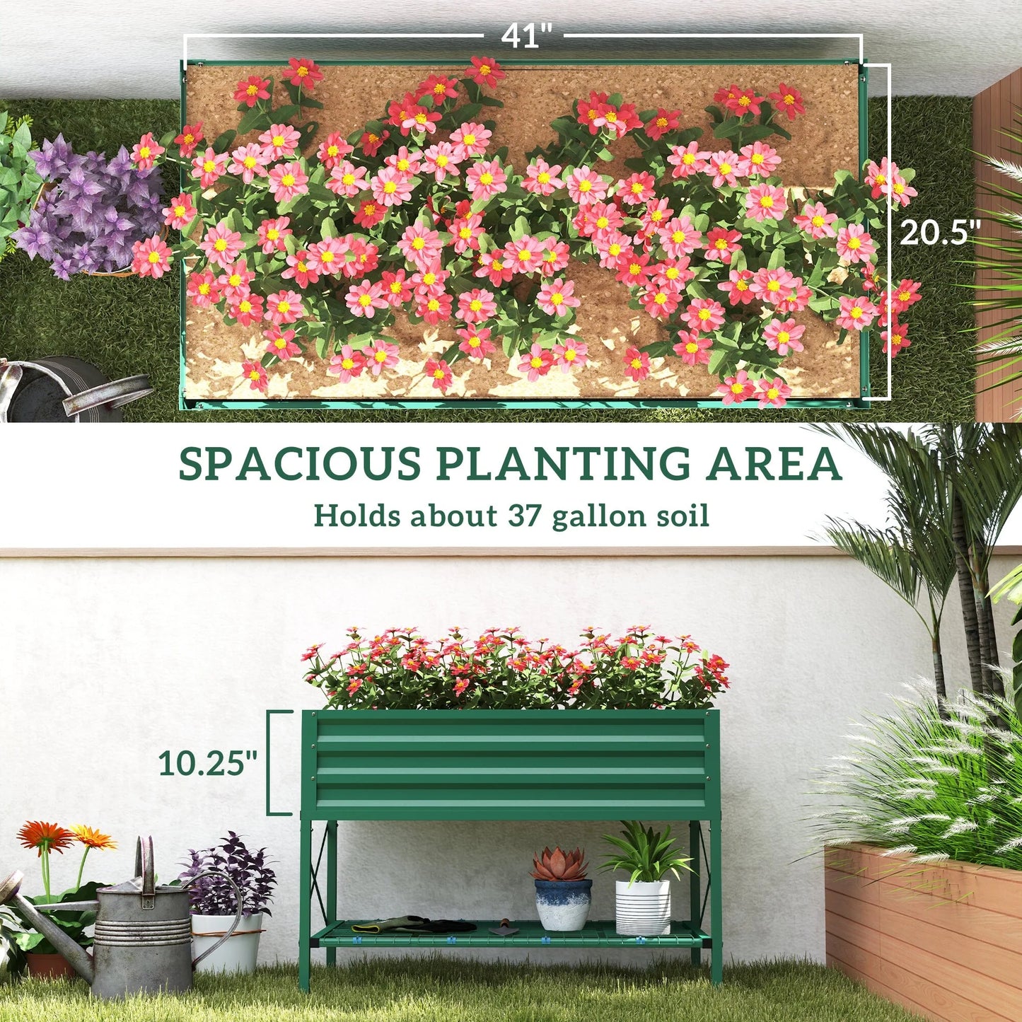 Outsunny Raised Garden Bed with Galvanized Steel Frame, Storage Shelf and Bed Liner, Elevated Planter Box