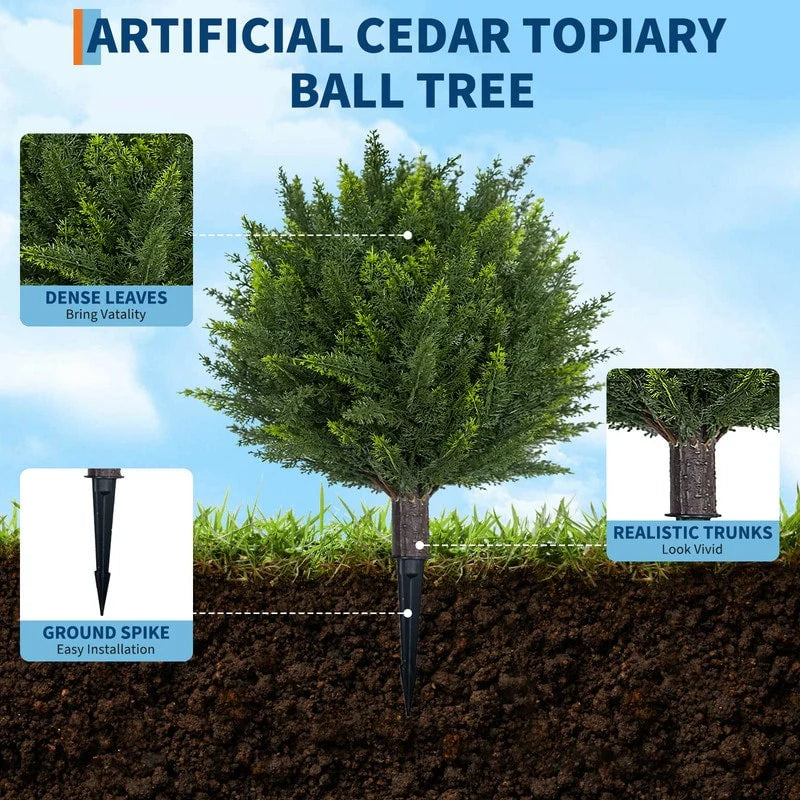 Set of 2 18" Artificial Cedar Topiary Ball Trees with Ground Spike, Indoor Outdoor Fake Shrubs Plants - Green