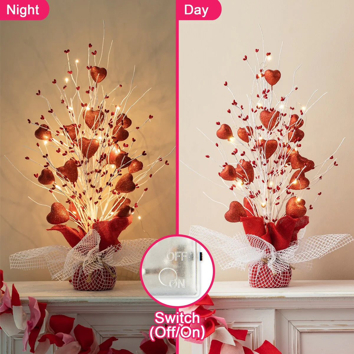 Glitzhome Heart Berry & Fleur-de-Lis Tree Valentine's & Mardi Gras Tree