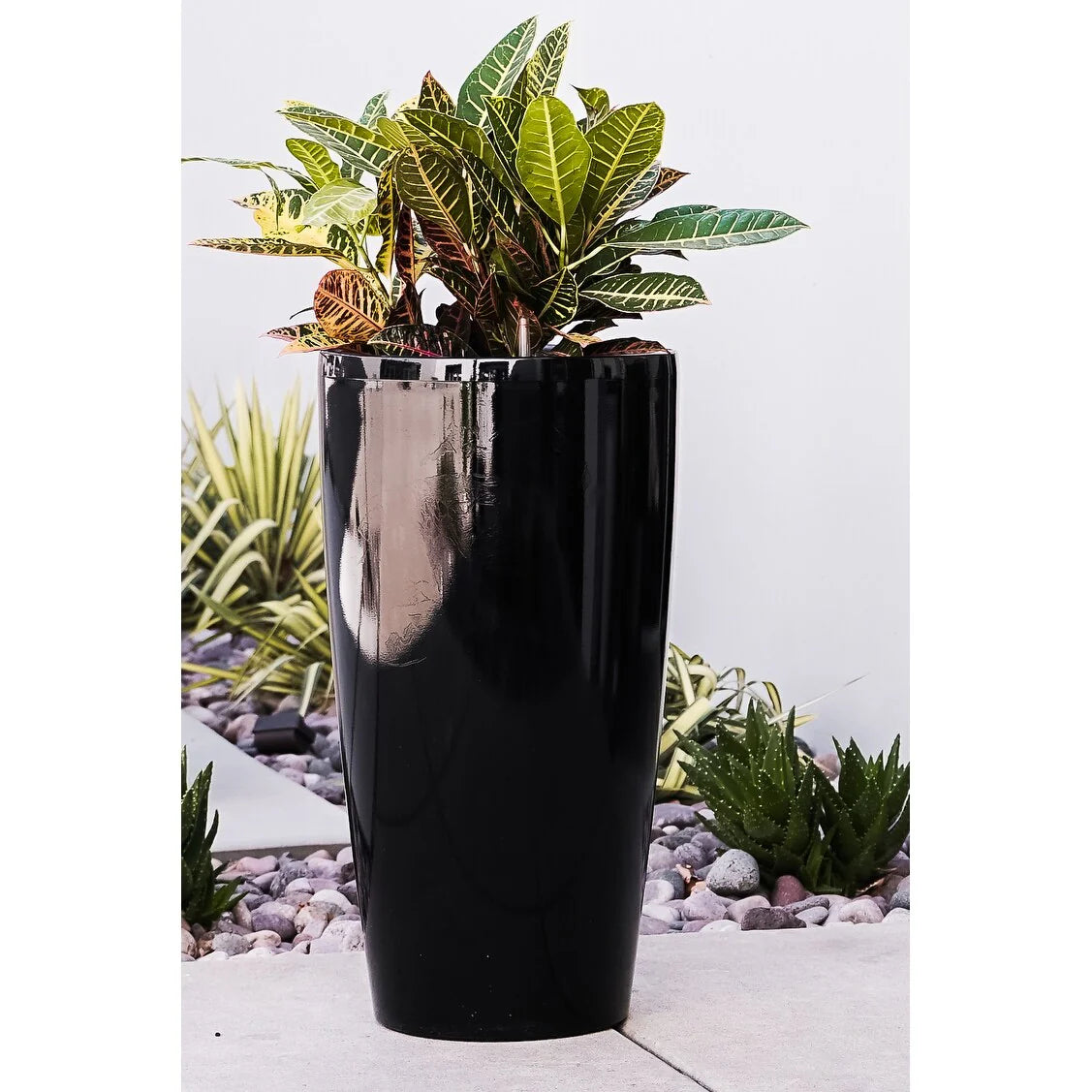 XBrand 21" H Plastic Self Watering Indoor Outdoor Tall Round Planter Pot w/Glossy Finish, Decorative Gardening Pot