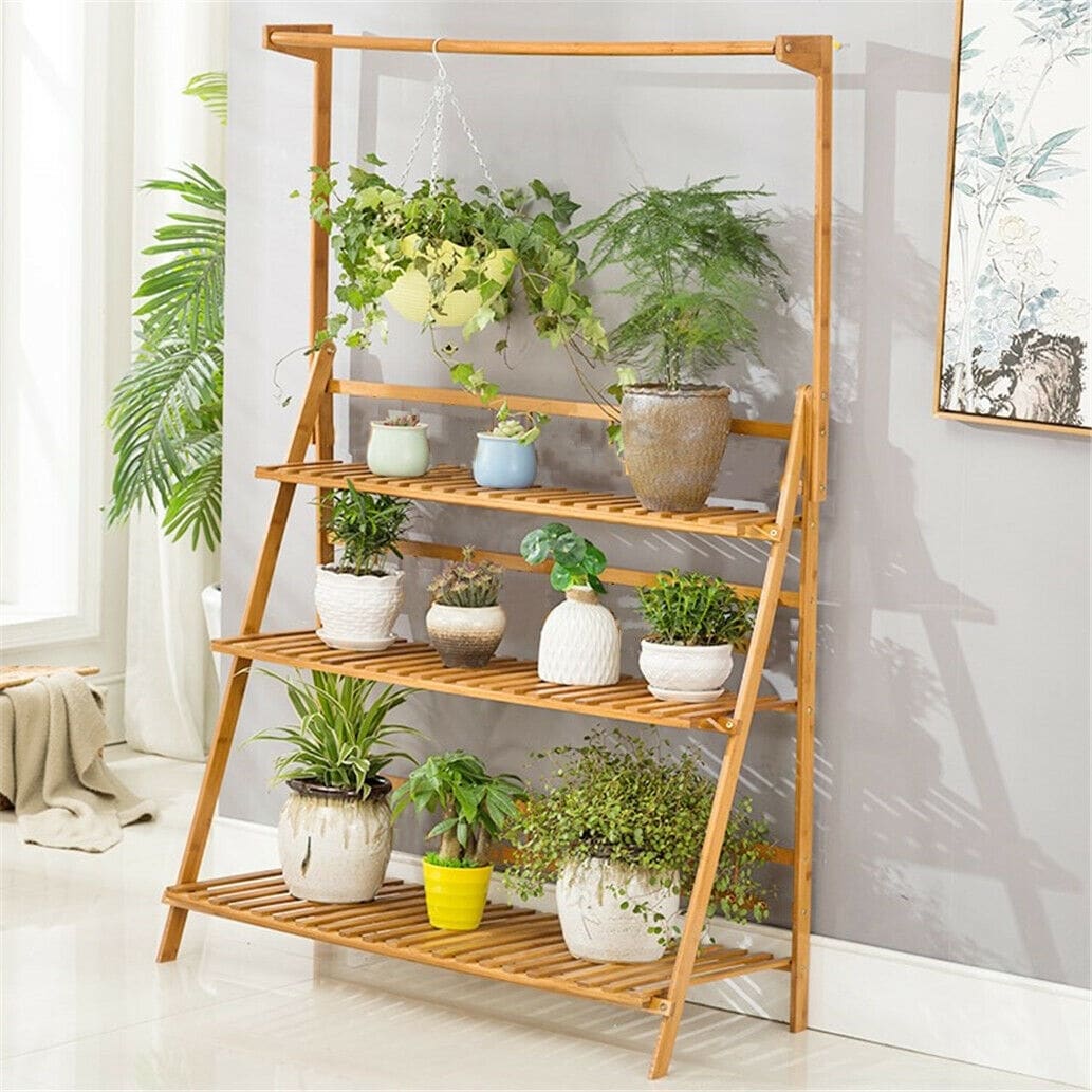 3 Tier Bamboo Hanging Plant Stand Ladder Flower Rack Hanging Baskets