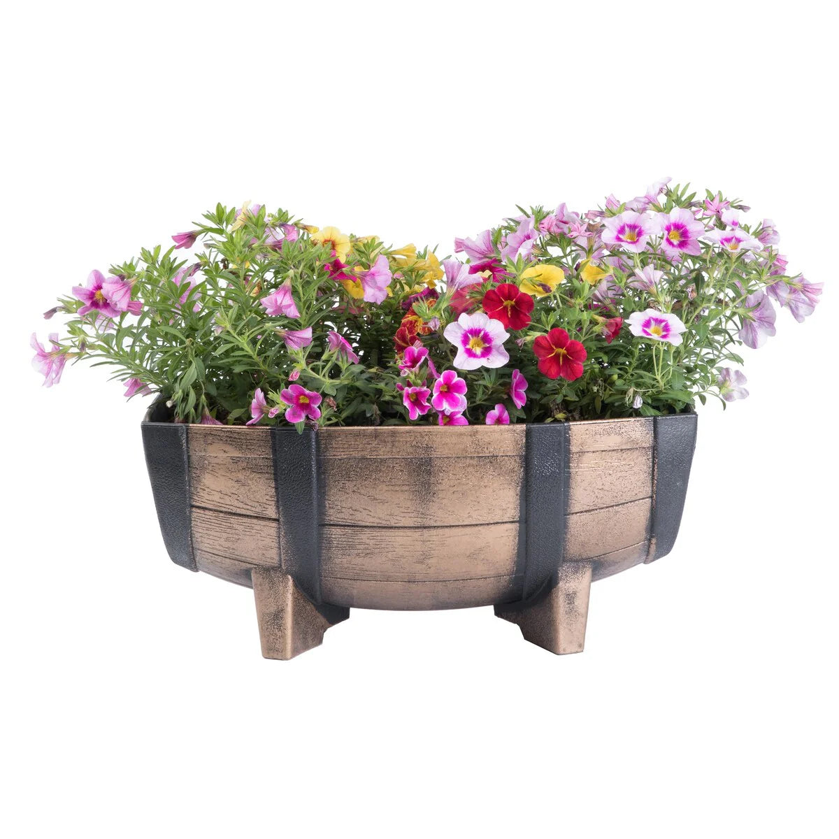 Gardenised 2-Piece Rectangular Half Barrel Flower Pots Rustic Farmhouse Style Faux Wood Planter Containers for Indoor & Outdoor