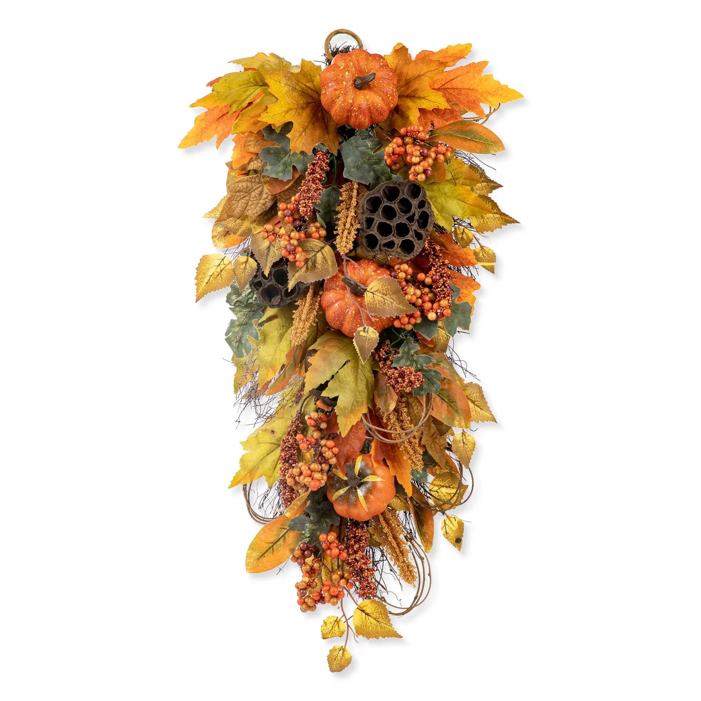 Glitzhome 26"H Fall Sunflower Pumpkin Lotus Leaf Teardrop Swag for Thanksgiving