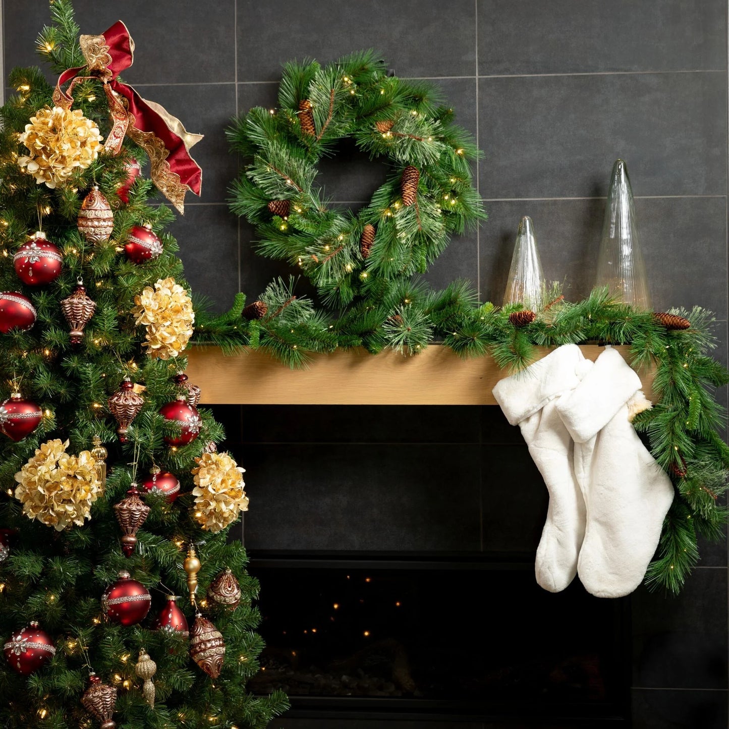Sullivans Artificial 24" LED Mixed Pine Christmas Wreath with Pinecones, Green, Indoor Christmas Decor