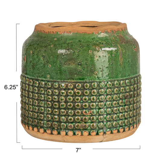 Round Terra-cotta Hobnail Planter Vase with Heavily Distressed Finish