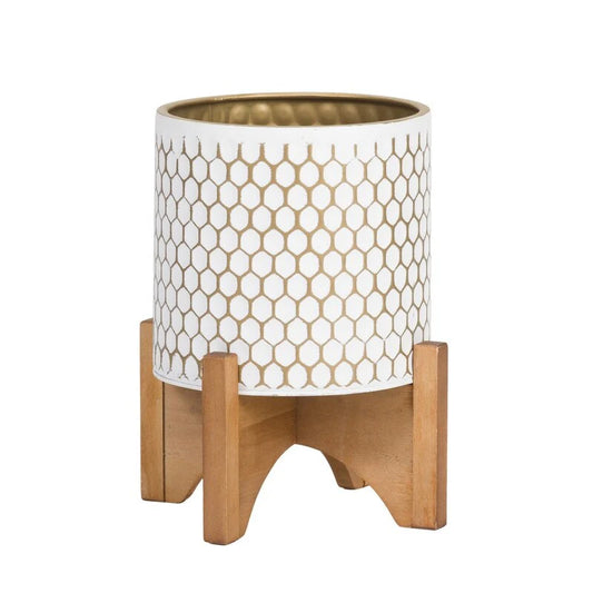 Honeycomb Mid-Century Modern Indoor Metal Pot Planter with Arch Wood Base