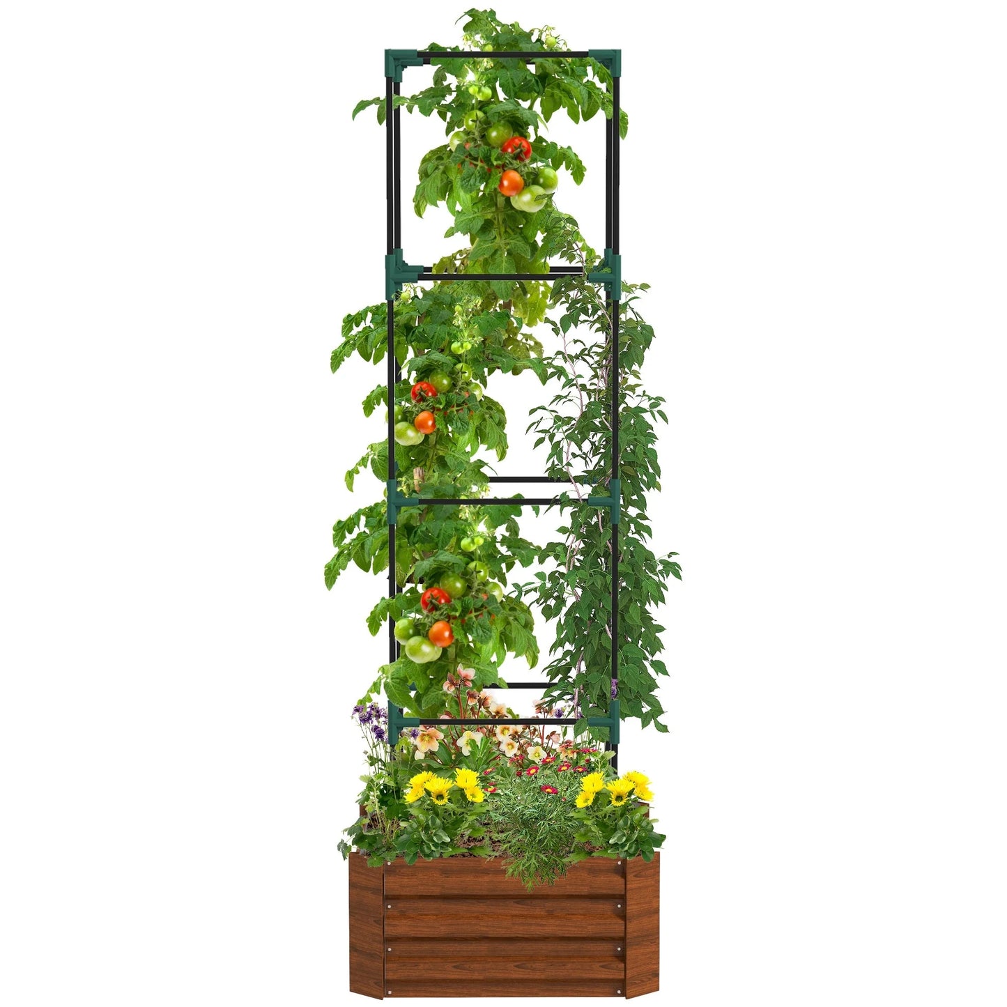 Outsunny Galvanized Raised Garden Bed, 24" x 24" x 11.75" Outdoor Planter Box with Trellis Tomato Cage and Open Bottom