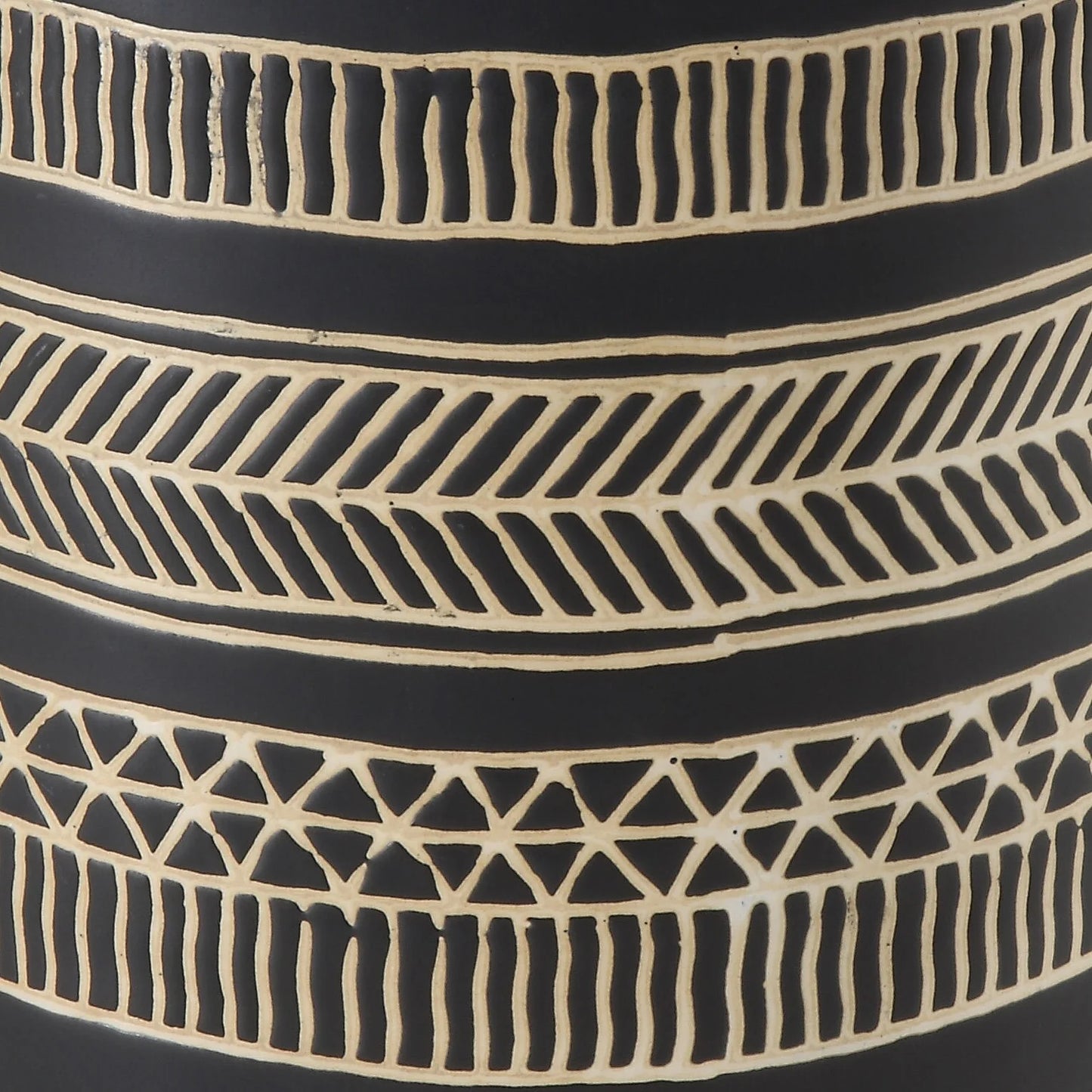 Black Cylindrical Stoneware Flower Pot w/ Geometric Goldtone Overlay